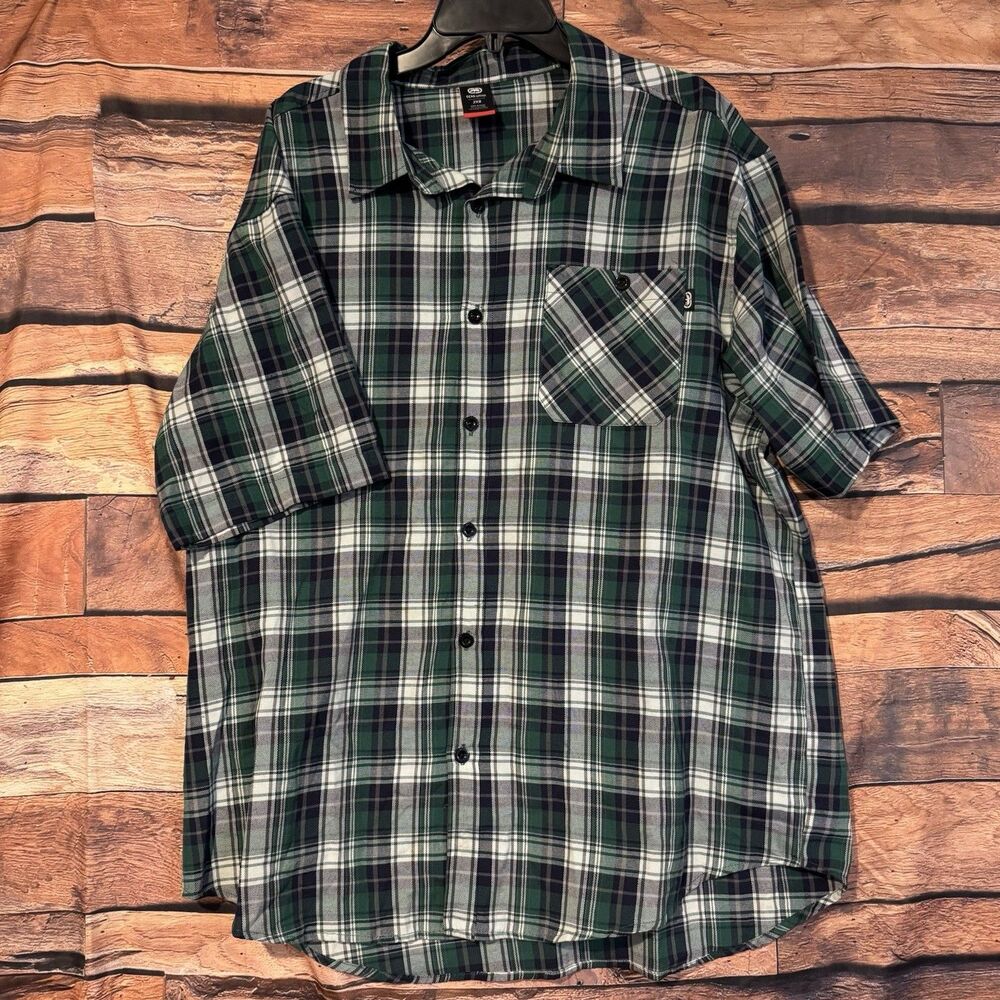Ecko Unltd Shirt 2XB Men’s Green Blue Plaid Short Sleeve Button Up Rhino Brand